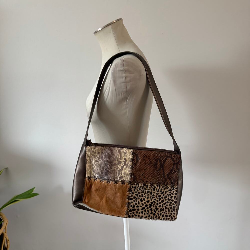 Vtg Y2K 2000s Brown Genuine Leather Animal Print Shoulder Purse - Picture 8 of 11